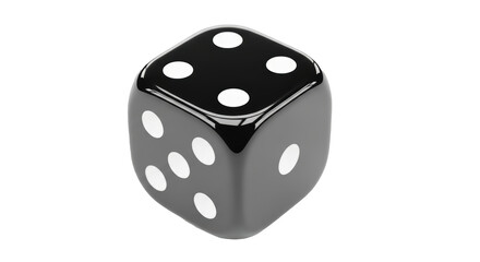 Dynamic black die with white pips showcasing a four on top and three on the side, perfect for games and chance concepts