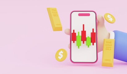 Investment concept in trading currency and gold bullion or stocks through online phone. 3D illustration.