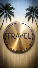Elegant metallic logo in circular shape with palm tree illustration and TRAVEL text concept for tourism ads 