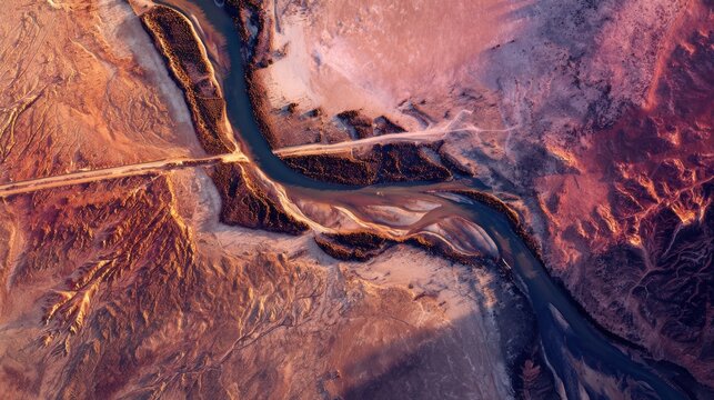 Aerial view of a winding river through a colorful, arid landscape