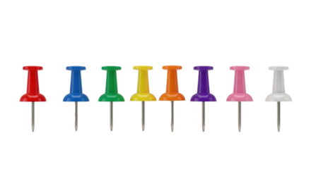 Vibrant collection of colorful push pins organized in a neat row, perfect for office organization, creative projects, and essential stationery supplies.