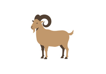 Tan Goat with Dark Brown Horns Standing Profile View Simple Illustration.