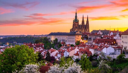 Panoramic sunset view of Prague Castle