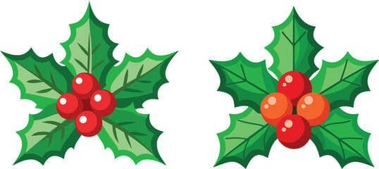 Two decorative Christmas holly berry clusters with red and orange berries