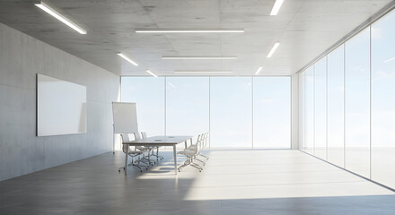 Modern, minimalist conference room with large windows and blank whiteboard.