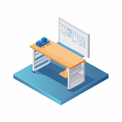 Isometric Illustration of a Modern Office Workspace with Desk and Whiteboard