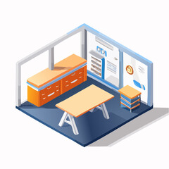Isometric Illustration of a Modern Workspace with Orange Cabinets and a Light Wood Table