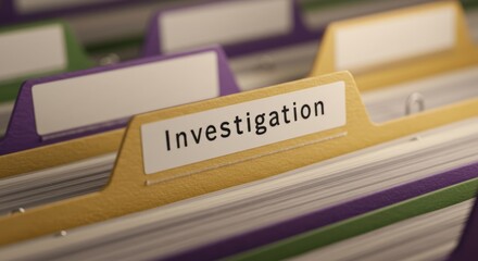 Close-up of colorful file folders with focus on the 'Investigation' tab