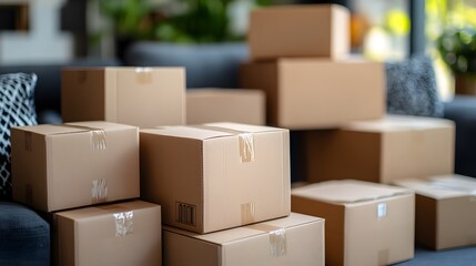 Moving Boxes Stacked on Couch.