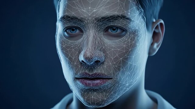 AI face mesh mapping on human face with biometric points and blue glow