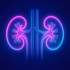 Fototapeta premium Glowing neon human kidney anatomy illustration, urinary system medical diagram, renal health and urology concept, futuristic holographic style organ visualization, healthcare technology design, kidney