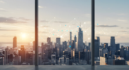 A modern cityscape with skyscrapers viewed from a high-rise window at sunset with a digital network overlay.