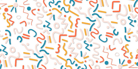 Hand drawn abstract seamless pattern in Memphis style. Vector doodle background with sketch shapes. Creative minimalist style art background texture for children or trendy design with colorful lines 