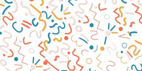 Hand drawn abstract seamless pattern in Memphis style. Vector doodle background with sketch shapes. Fun colorful line doodle seamless pattern. Creative minimalist style art background texture