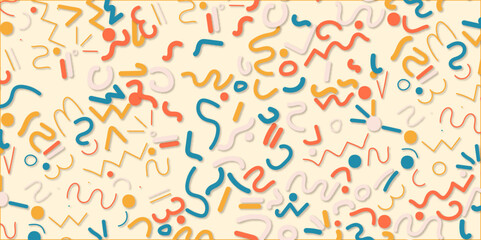 Fun colorful line doodle seamless pattern. Creative minimalist style art background for children or trendy design with basic shapes. Simple childish scribble backdrop.