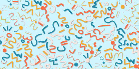 Fun colorful line doodle seamless pattern. Creative minimalist style art background for children or trendy design with basic shapes. Simple childish scribble backdrop.