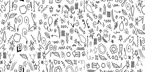 Fun black line doodle seamless pattern. Creative minimalist style art background.