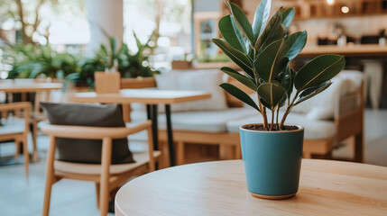 Fototapeta premium Ficus plant in teal pot on cafe table