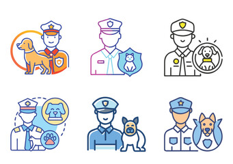 Set of icons representing animal control officers and pets in flat design