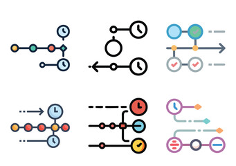 Diverse set of timeline and process flow diagram icons on white background