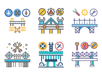 Icons showing infrastructure, engineering and transportation concepts in a modern style