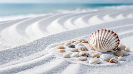 Seashell and pebbles on white sand beach with ocean waves in background on a sunny day scene