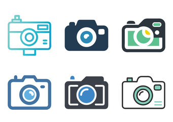 Six different camera icon designs with different color palettes and styles