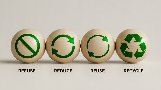 Embrace sustainability with four essential steps Refuse, Reduce, Reuse, Recycle beautifully visualized on spherical objects for eco-conscious messaging.