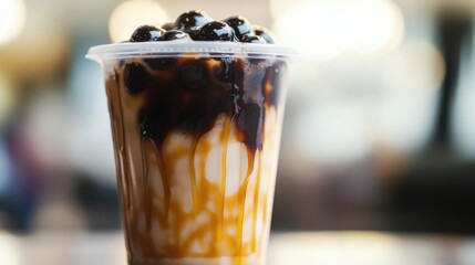 Takeaway cup, extra-large boba pearls, dark shiny texture, layered milk syrup, condensation drops, street food market, Asian bubble tea, trendy drink, close-up, milk tea, menu, café, restaurant