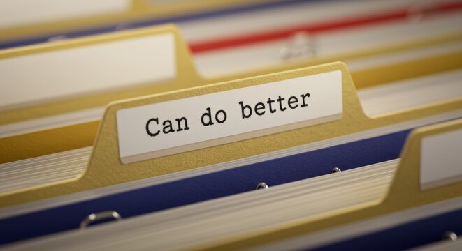 Close-up of a file folder system highlighting the phrase 'Can do better'