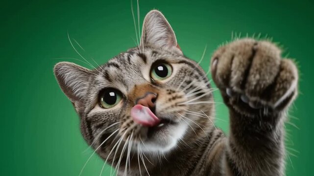 Close up of a tabby cat reaching up with its paw against a solid green colored background green screen animal video