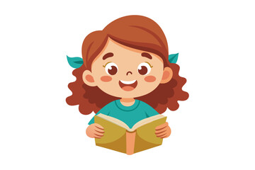 Adorable vector illustration of a cute cartoon girl with long brown hair, smiling while reading a teal book.