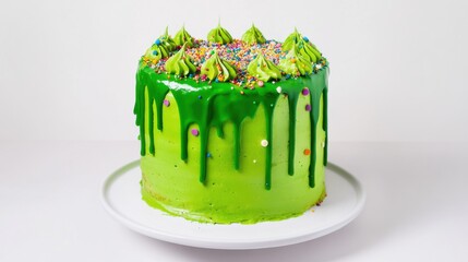 Green swamp cake, dripping frosting, messy design, random colorful sprinkles, chaotic piping details, matcha pistachio layers, ugly-cute troll aesthetic, kids Halloween birthday, white background