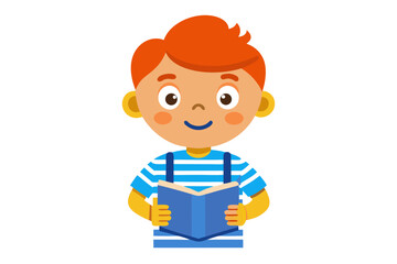 Adorable vector illustration of a cute cartoon girl with long brown hair, smiling while reading a teal book.