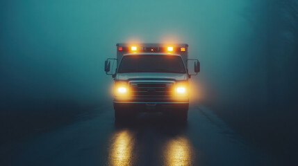 A front view of an ambulance with its lights on driving through a foggy and dark environment