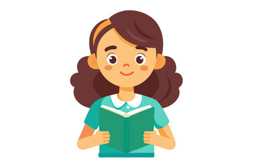 Adorable vector illustration of a cute cartoon girl with long brown hair, smiling while reading a teal book.