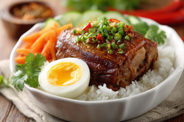 Braised pork leg over rice looks delicious and very appetizing
