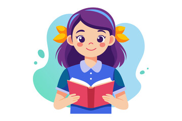 Adorable vector illustration of a cute cartoon girl with long brown hair, smiling while reading a teal book.