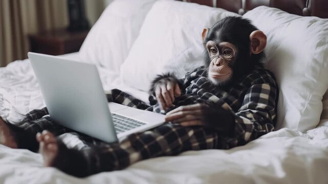 monkey lying on bed and working on laptop.Generative AI