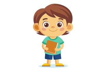 Adorable vector illustration of a cute cartoon girl with long brown hair, smiling while reading a teal book.
