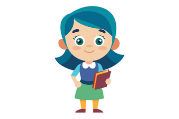 Adorable vector illustration of a cute cartoon girl with long brown hair, smiling while reading a teal book.