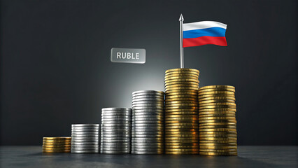 Russian ruble currency growth symbolized by stacks of coins and flag