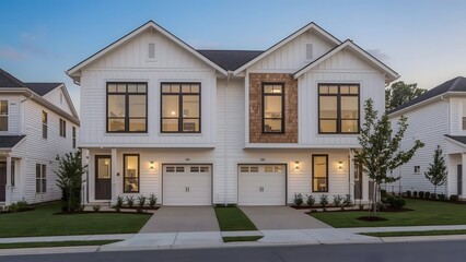 Modern Farmhouse Twin Homes, Evening Twilight, Suburban Development, White Siding, Warm Lighting, Inviting Exterior.