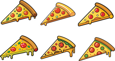 Delicious Cartoon Pizza Slices Featuring Pepperoni, Basil, and Melted Cheese
