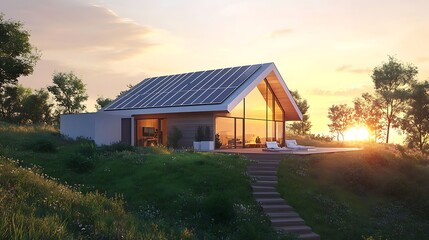 Modern House with Solar Panels, Deck, Lounge Chairs, and Glass Facade at Sunset