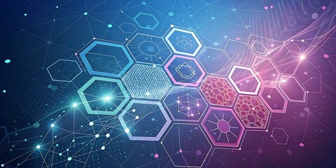 Abstract network of hexagons and digital connections isolated on white background