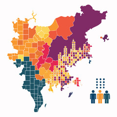 Obraz premium Abstract map visualization depicting population statistics across different regions with variations in color and data representation.