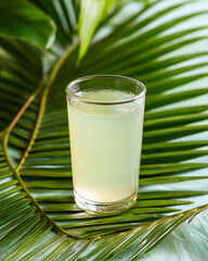 A glass of light colored liquid on a palm leaf against a light blue background