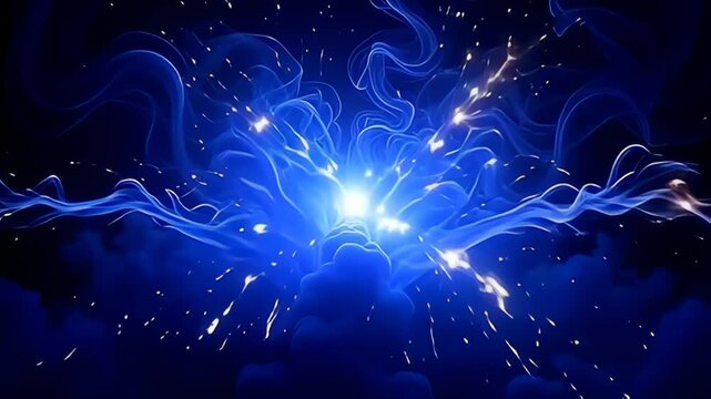 amp brilliant burst of ethereal indigotin sess physique emit explosion incandescence stage explosion into existence, twisting with cosmic impulse framing the isolate clean bleak canvas,