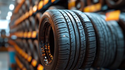 Obraz premium New Car Tires Auto Shop Shelf.